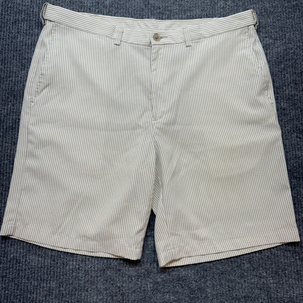 Haggar Mens 40 Seersucker Golf‎ Shorts Khaki Tan White Pinstripe Summer Casual